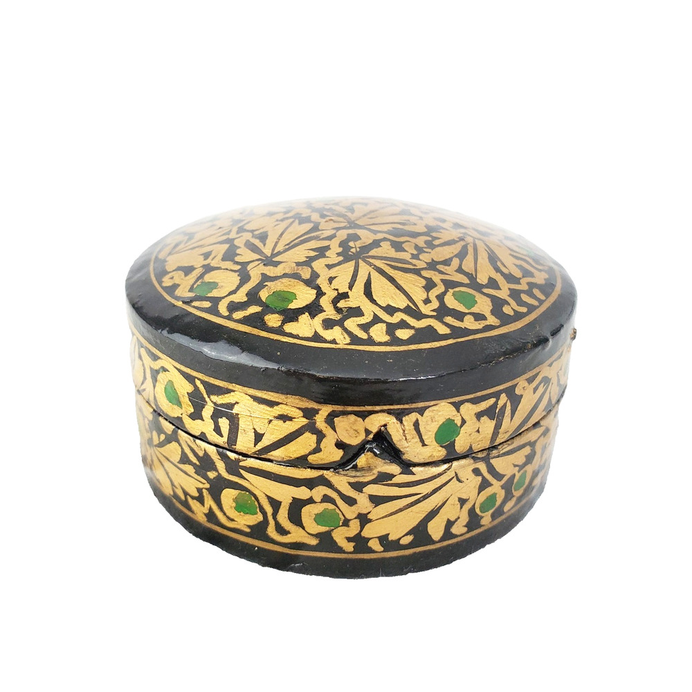 VTG Lacquer Trinket Box Paper Mache Handmade & Hand Painted Black & Gold Leaf